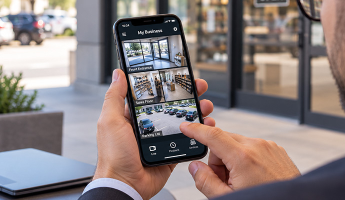 Smartphone app monitoring business security camera