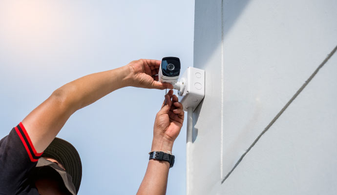 Technician installing CCTV surveillance camera on the wall